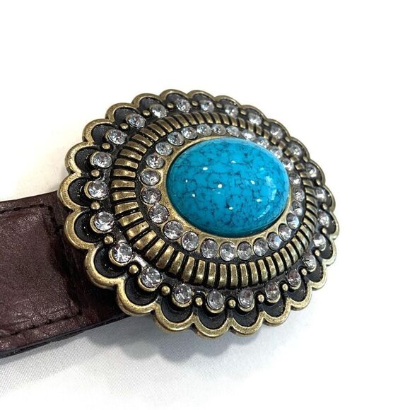 BOSTON PROPER Woven Leather Belt with Turquoise Buckle (Sz L) - Picture 3 of 8